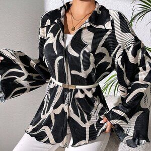 Black Casual Women's Spring Random Print Bell Sleeve Shirt